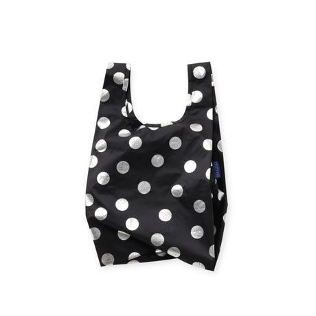 Baggu baby tote bag in black with silver metallic polka dots