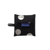 Baggu baby tote pouch, black with silver polka dots and blue BAGGU logo patch