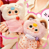 Baby Three - Kitten Wardrobe Keychain Blind Box dolls in cat costumes with bell necklaces, wearing pink and orange outfits held by hands