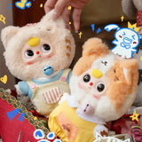 Baby Three - Kitten Wardrobe Keychain Blind Box dolls in soft cat costumes with bell necklaces and colorful outfits held by hand