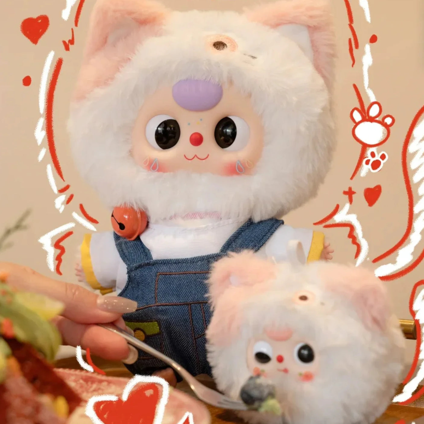 Baby Three - Kitten Wardrobe Keychain Blind Box doll in fluffy white and pink cat costume with bell necklace and denim outfit