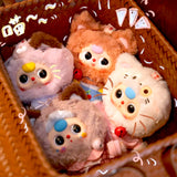 Baby Three - Kitten Wardrobe Keychain Blind Box dolls in fluffy varied cat costumes with bell necklaces in woven basket