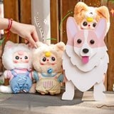 Baby Three - Kitten Wardrobe Keychain Blind Box dolls in cat costumes with bell necklaces and colorful outfits beside a dog-shaped holder