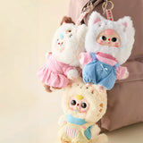 Three Baby Three - Kitten Wardrobe Keychain Blind Box dolls in colorful cat costumes hanging on a bag ring clasp