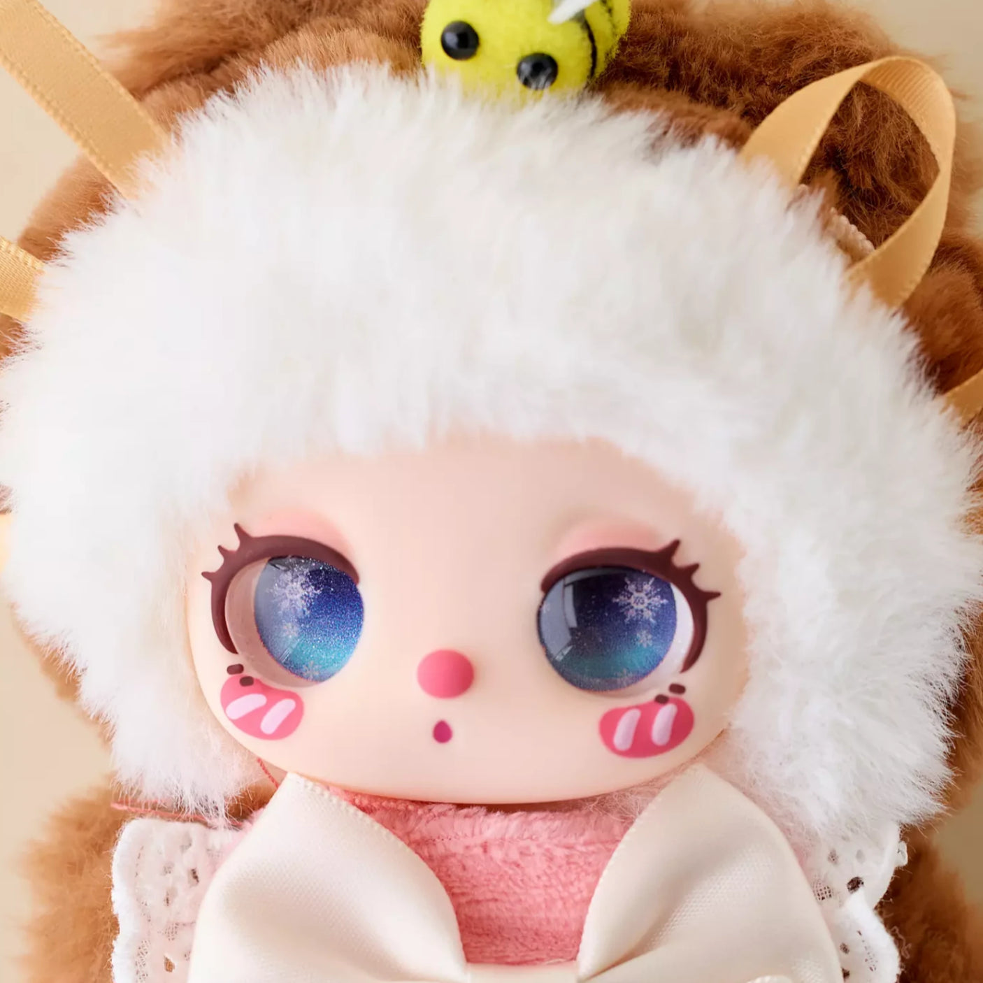 Baby Three - Liila's Chef Kitten Blind Box plush doll with fluffy hood, big glass-look eyes, and a bee accessory on top