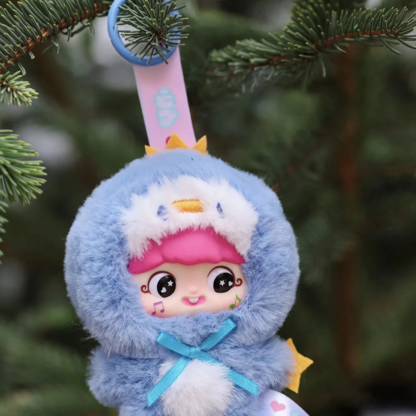 Baby Three x YAYA - Birthday Plush Pendant Blind Box plush doll in a blue bird-inspired onesie with pink hair and keychain loop
