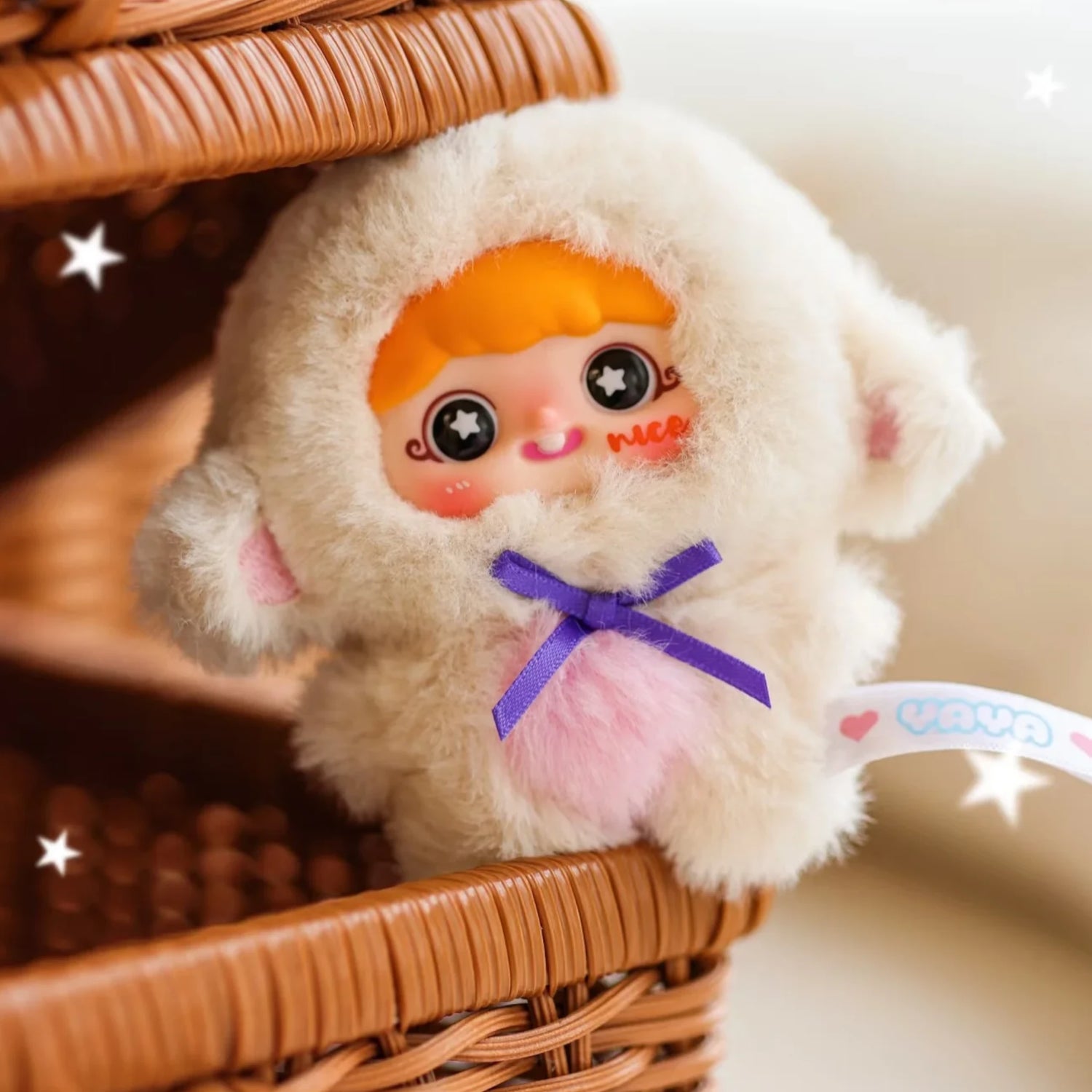 Baby Three x YAYA - Birthday Plush Pendant Blind Box doll in fluffy white animal onesie with orange hair and purple bow