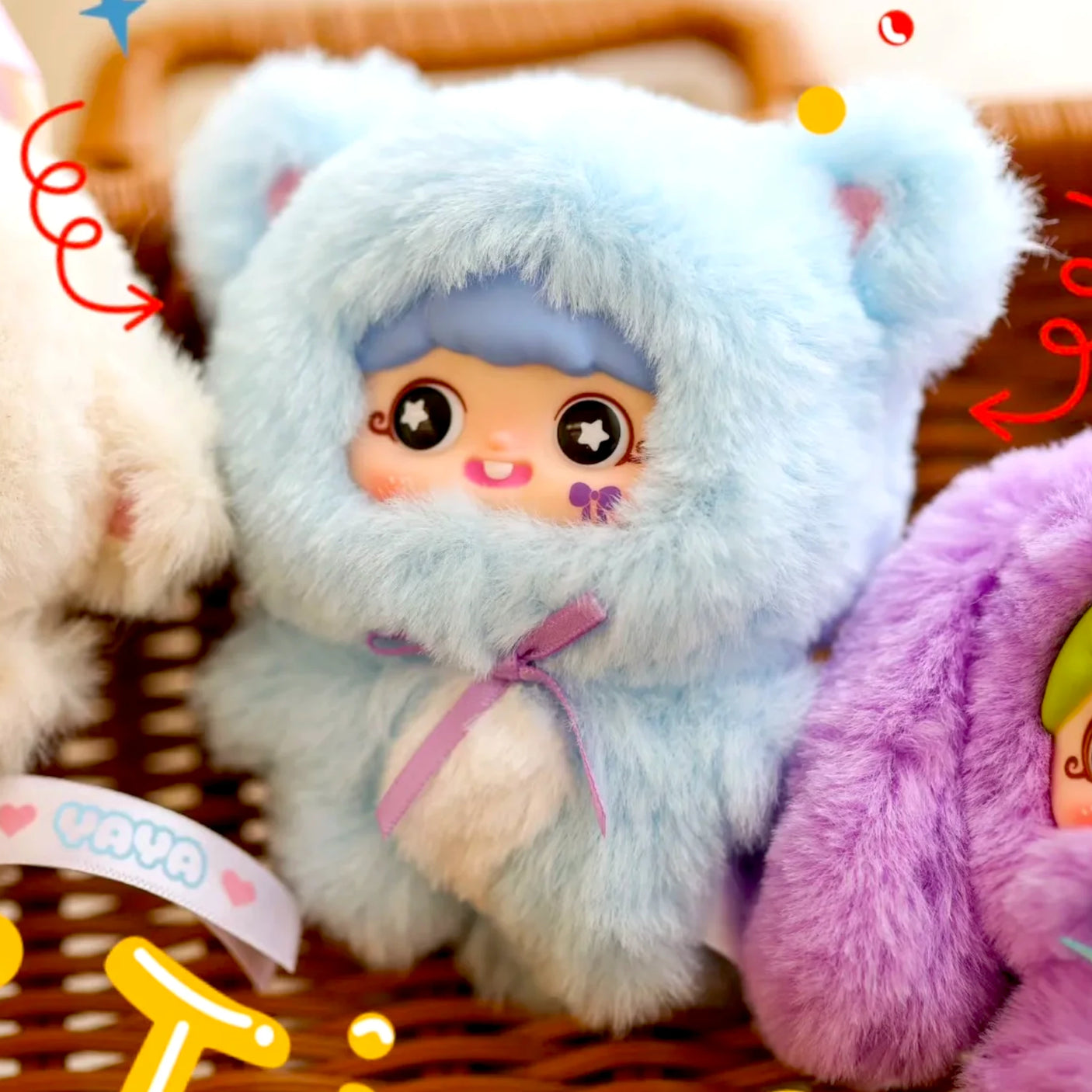 Baby Three x YAYA - Birthday Plush Pendant Blind Box doll in fluffy blue bear onesie with starry eyes and purple ribbon bow