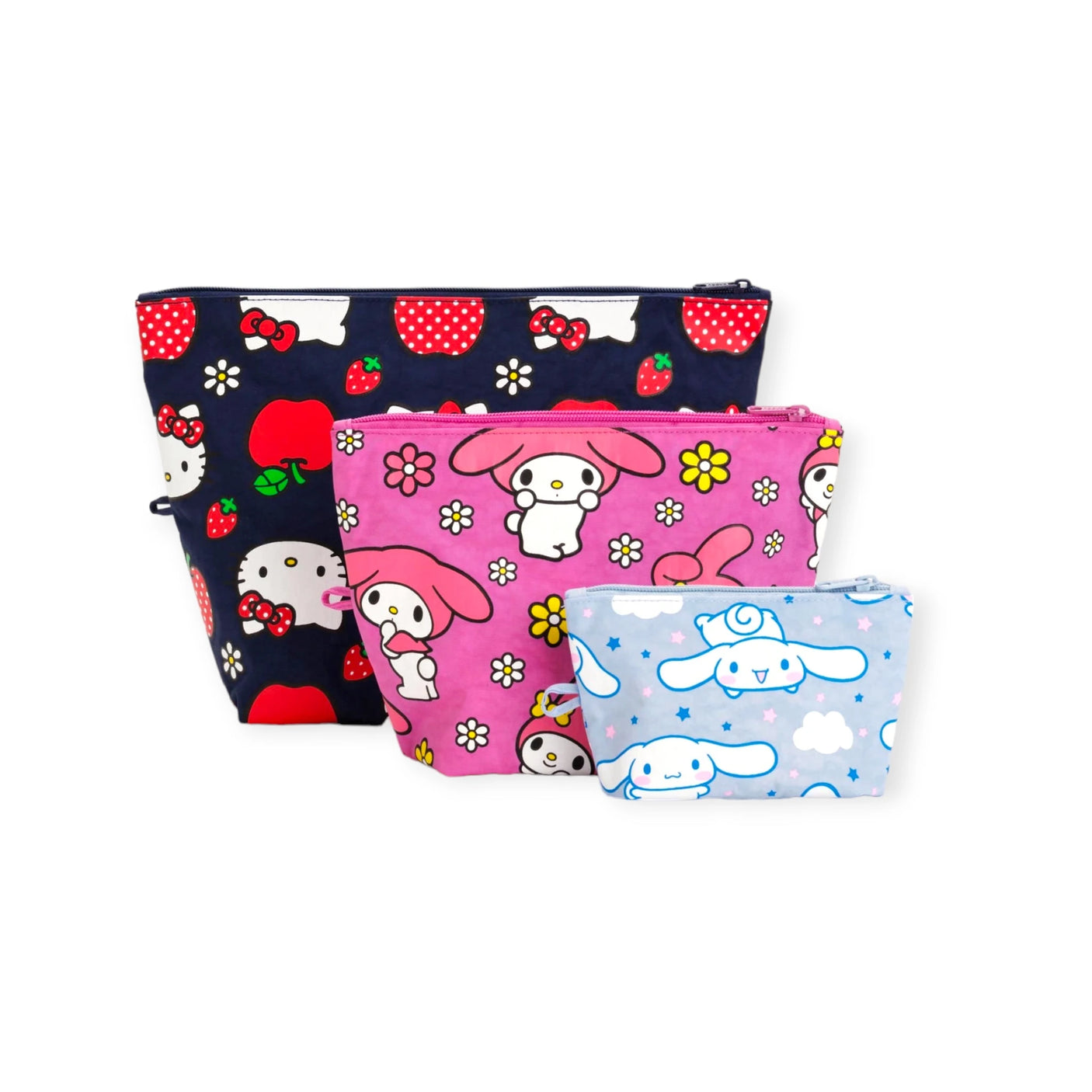 The Hello Kitty x Baggu Go Pouch Set by Baggu includes three vibrant zippered bags made from recycled nylon. One bag features a fun apple and bear design, another showcases pink flowers and bunnies, while the third bag is adorned with blue clouds and flying dogs. These pouches are perfectly sized to keep your essentials organized in style.