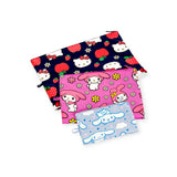 This delightful Hello Kitty x Baggu Go Pouch Set features three vibrant pouches adorned with charming character designs: one showcasing a cat and strawberries, another with Hello Kitty surrounded by flowers, and the smallest featuring a dog amidst clouds. Crafted from recycled nylon, this set combines playful aesthetics with sustainability under the Baggu brand.