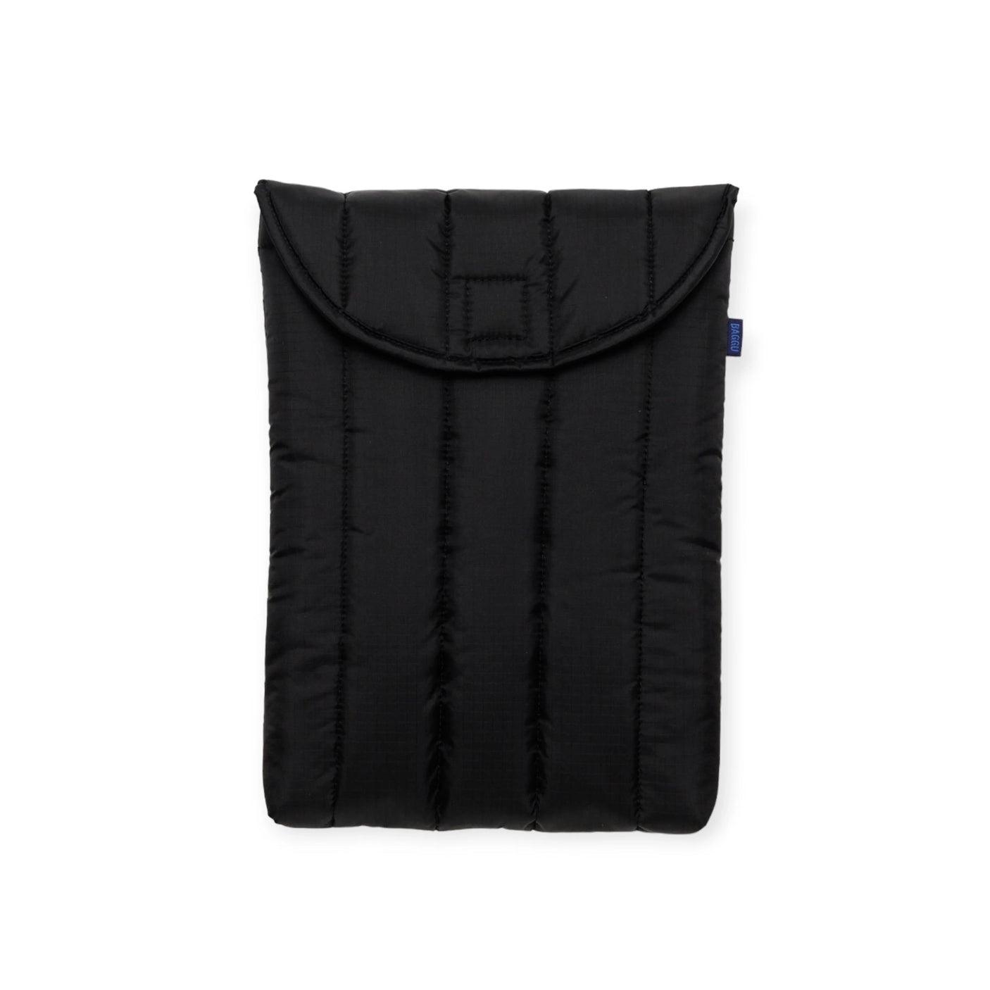 The Baggu Puffy Laptop Sleeve 13"/14" - Black, made from recycled materials, features vertical stitching and a flap closure for stylish protection of your tech.