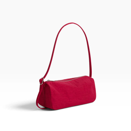 Cherry red nylon loaf shoulder bag with single top handle and zip closure