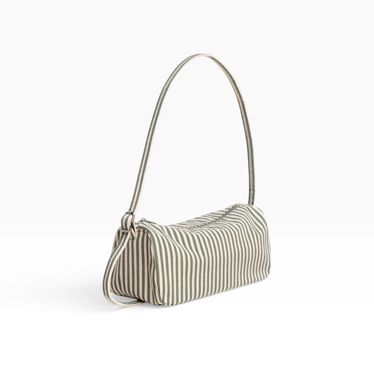 Baggu nylon loafer bag, sage striped, with top zip and short shoulder handle