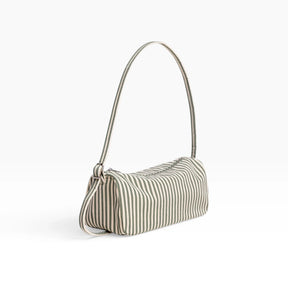 Baggu nylon loafer bag, sage striped, with top zip and short shoulder handle