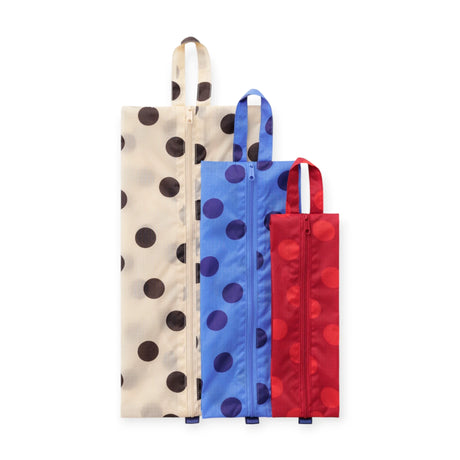 Polka dot storage pouches set with handles, three zippered bags in beige, blue, red