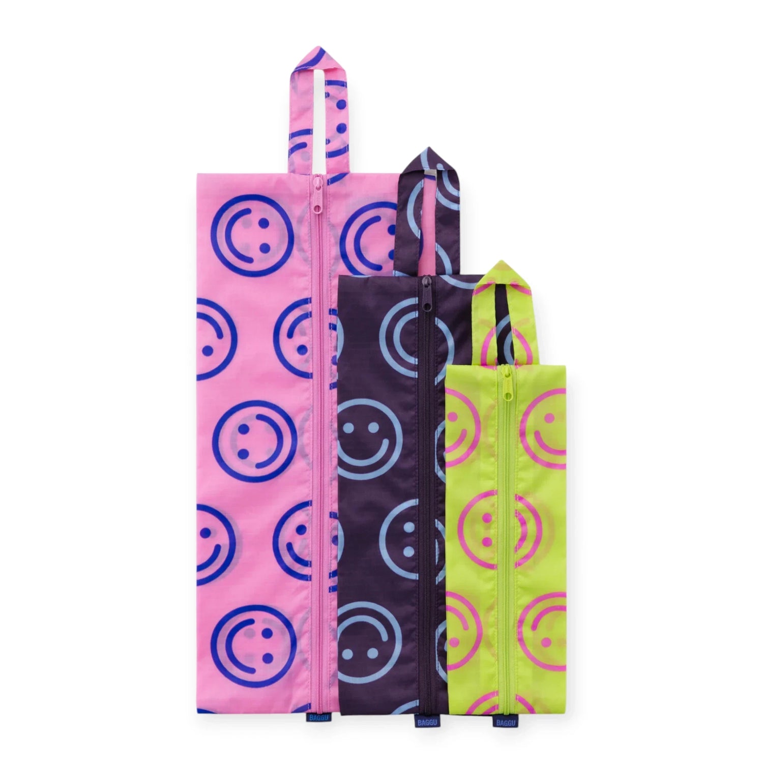 3-piece zippered storage pouch set with smiley circle patterns, pink, dark blue, lime