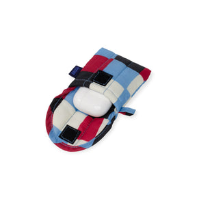 Baggu Puffy Earbuds Case in painted check pattern with open flap showing white earbuds inside, gallery position 1