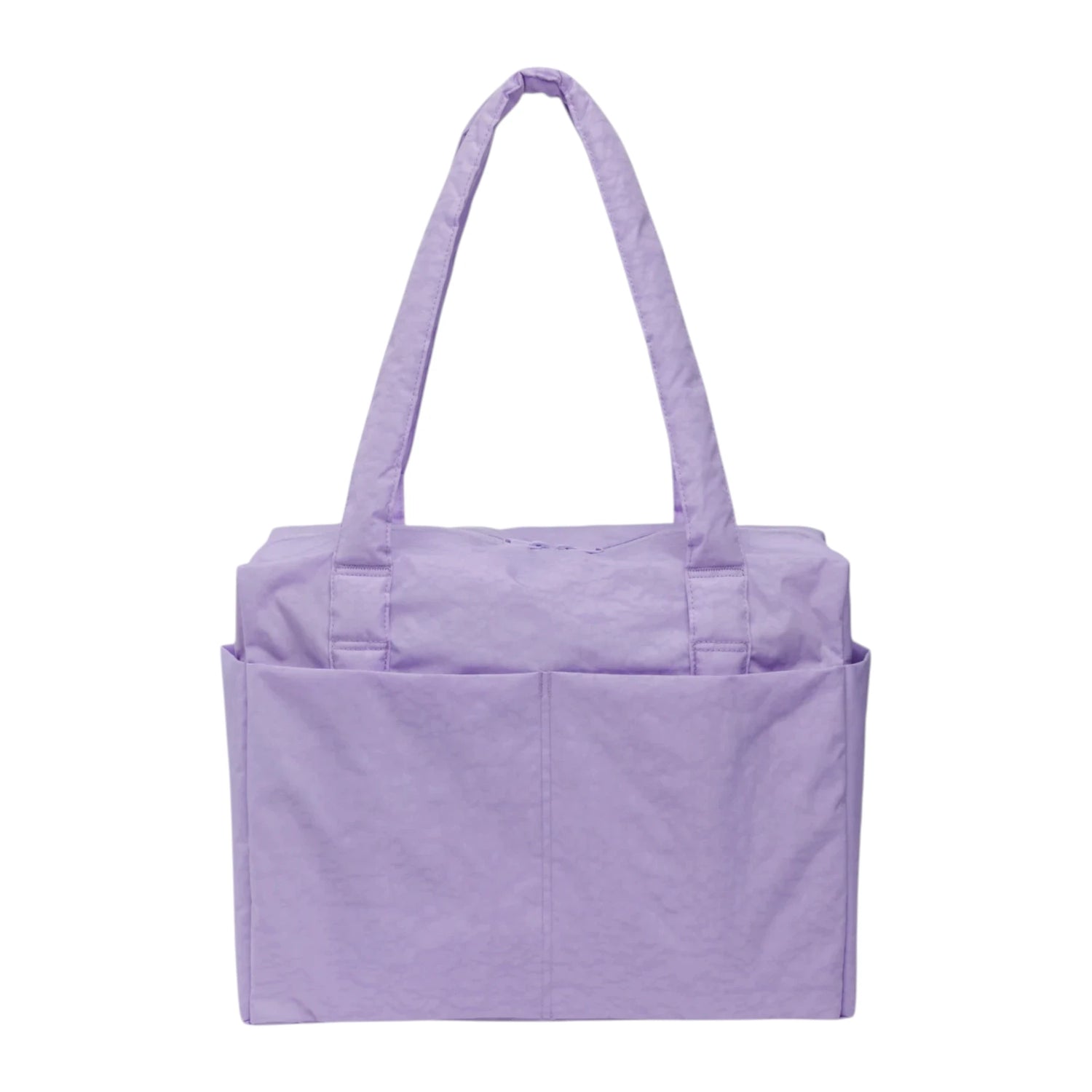 The Baggu Small Cloud Carry-on in Wisteria is a lavender underseat weekender bag by Baggu, featuring two shoulder straps and exterior pockets, displayed against a plain white background.