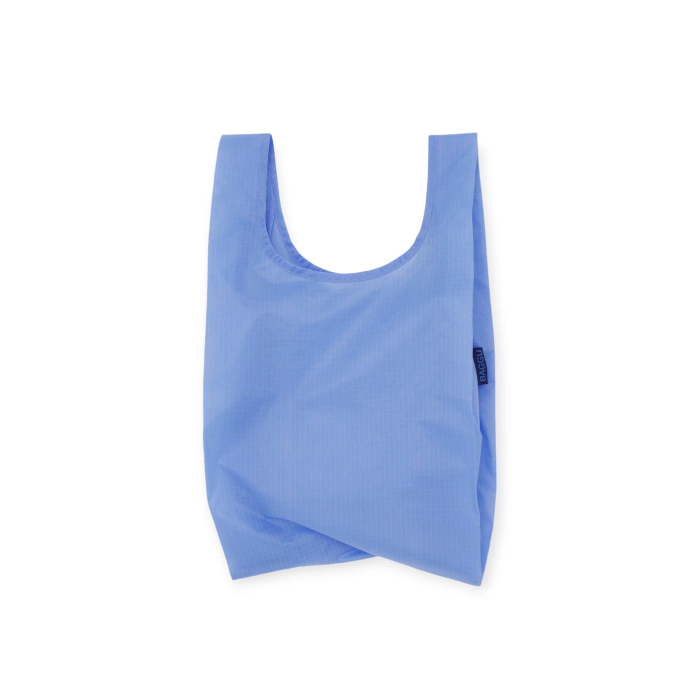 The Baby Baggu Reusable Bag in Cornflower by Baggu is a light blue bag made from recycled nylon, displayed against a clean white background.