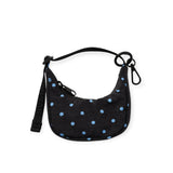 Crescent bag charm pouch with blue micro dots on black, with hanging loop