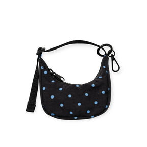 Crescent bag charm pouch with blue micro dots on black, with hanging loop