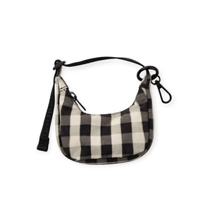 Black and cream gingham crescent bag charm with black strap and clip