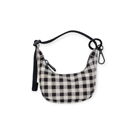 Black and white gingham crescent-shaped Baggu bag charm with black clip and adjustable strap, gallery image 1
