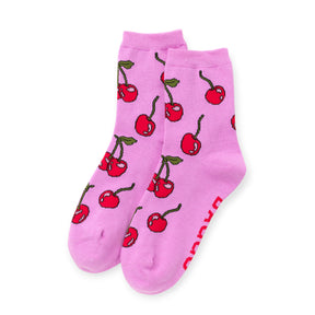 Pink crew socks with red cherry print and green stems
