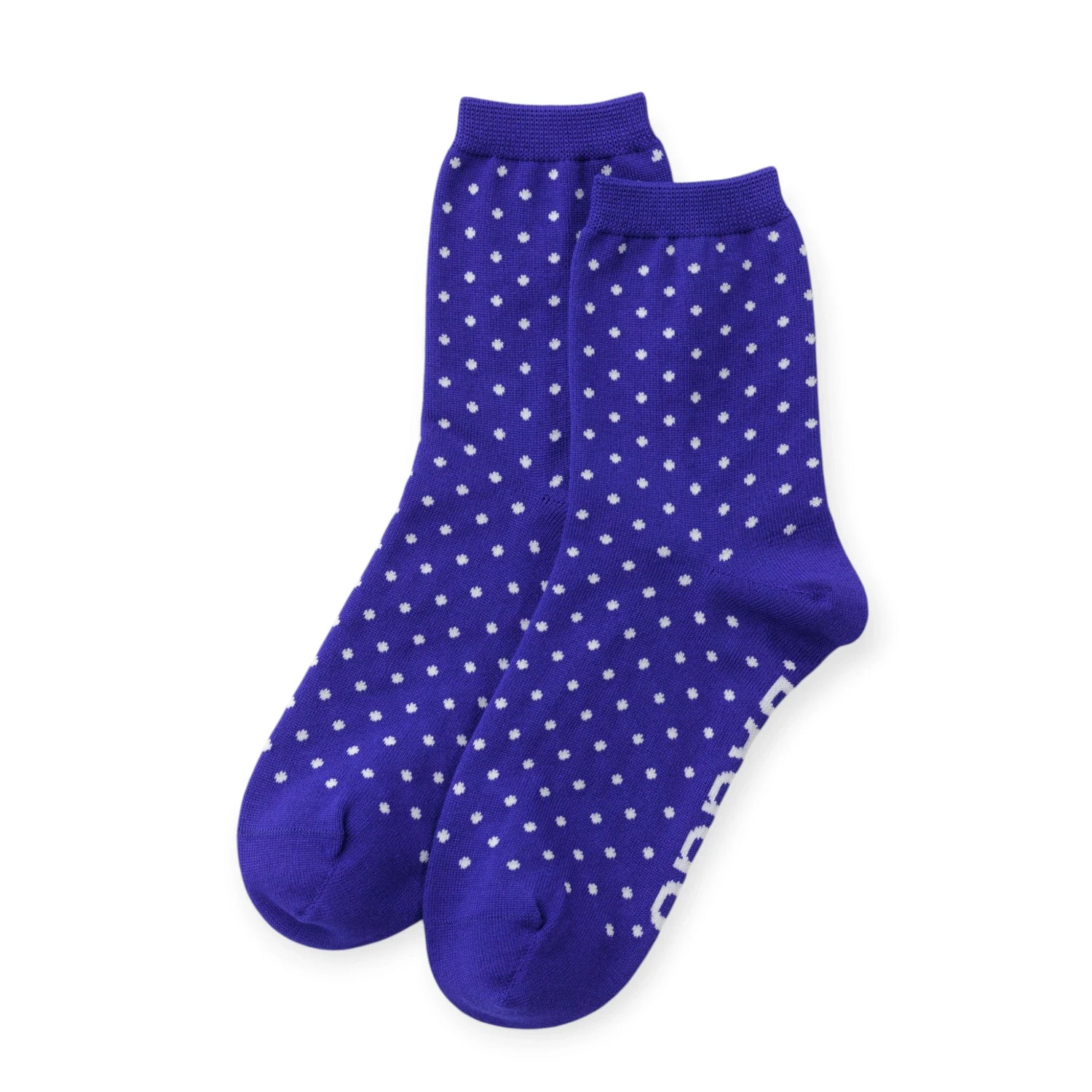 Pair of crew socks in blue with white polka-dot pattern