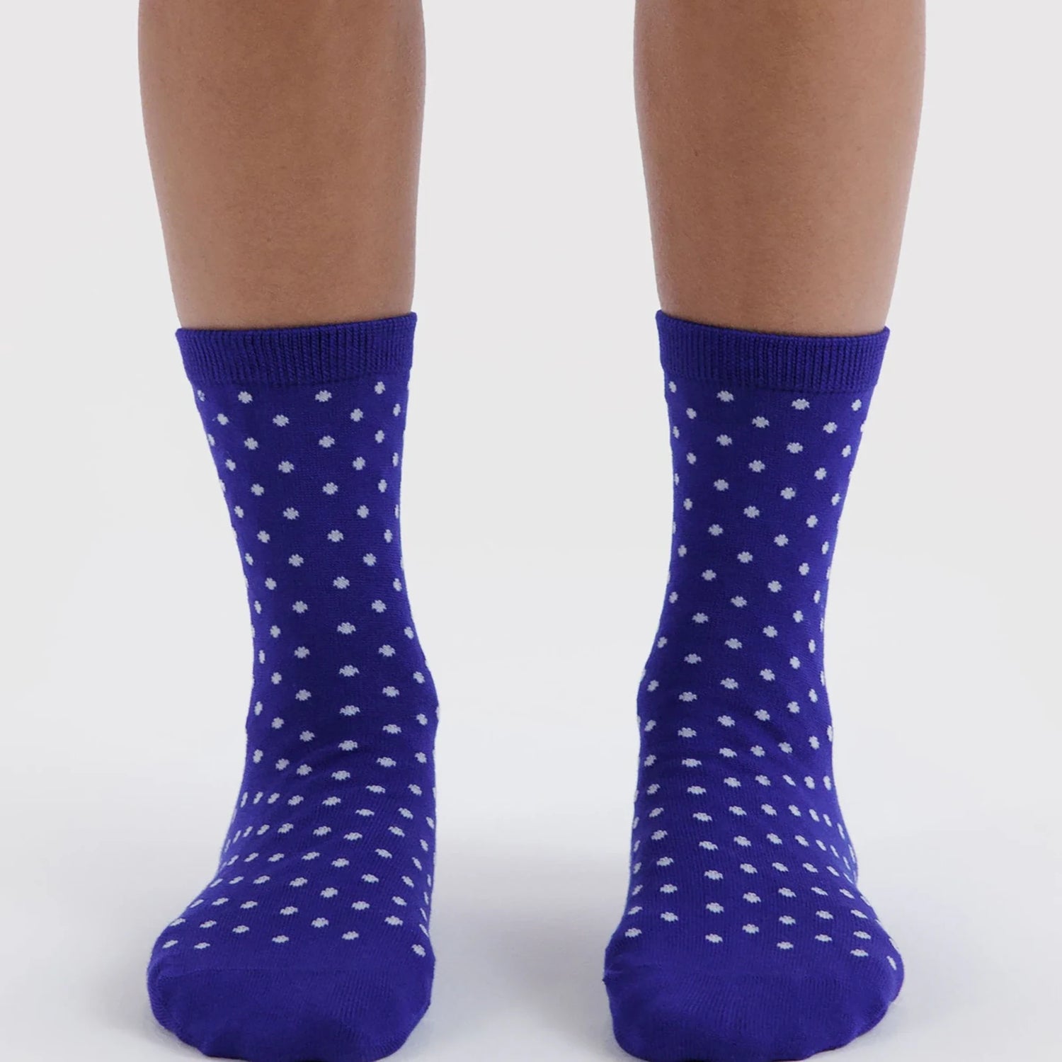 Crew socks in blue with small white polka dots