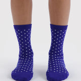 Crew socks in blue with small white polka dots