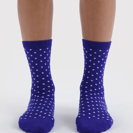 Crew socks in blue with small white polka dots
