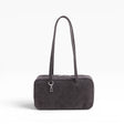 Baggu washed black denim bowler bag with top handles and zip closure.