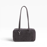 Baggu washed black denim bowler bag with top handles and zip closure.