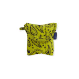 Baggu puffy earbuds case in chartreuse paisley fabric, folded pouch with tag