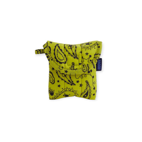 Baggu puffy earbuds case in chartreuse paisley fabric, folded pouch with tag