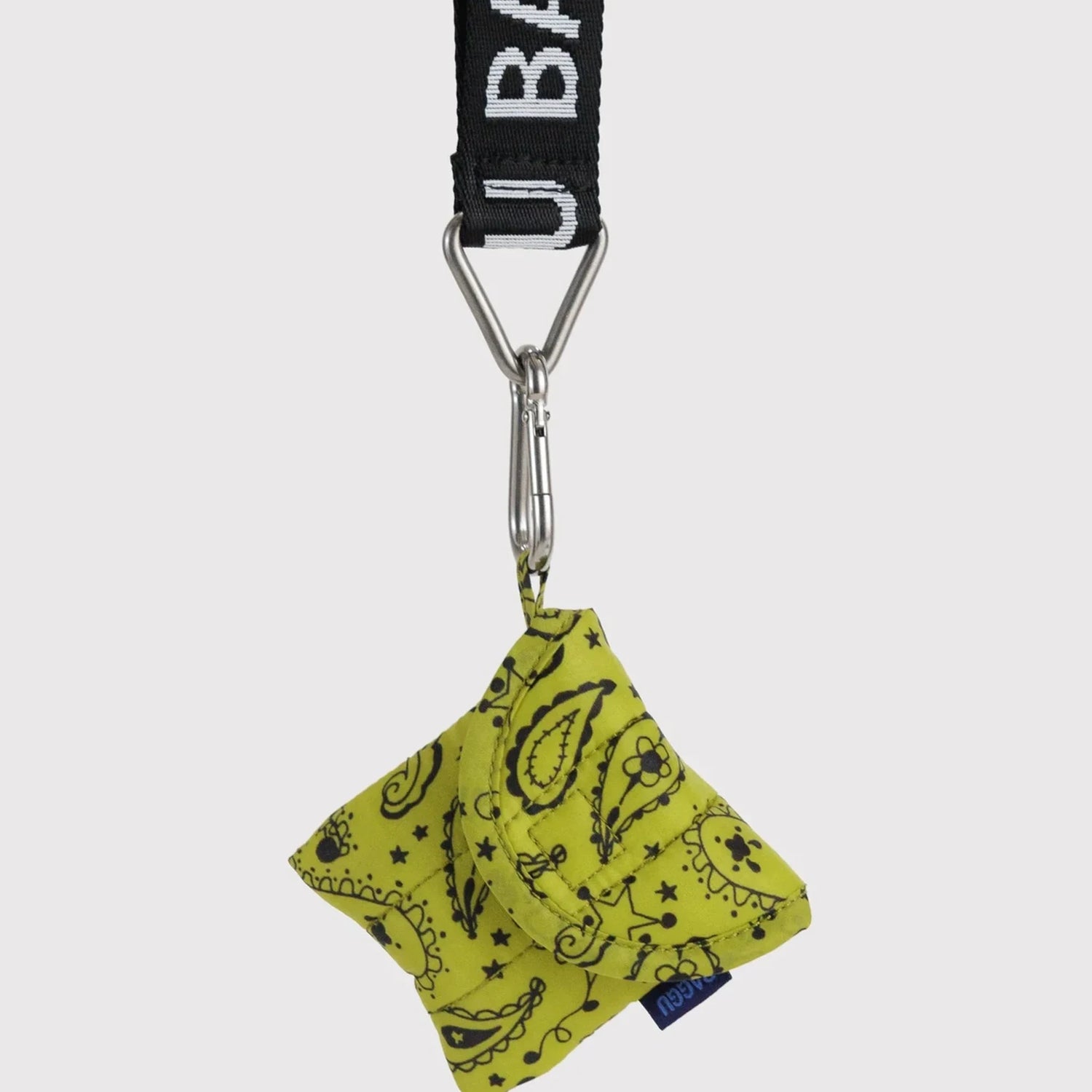 Baggu puffy earbuds case in chartreuse paisley with wrist strap and metal clasp