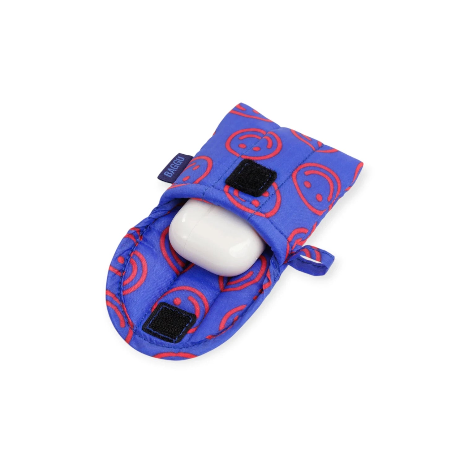 Cobalt blue puffy earbuds case with smiley circles, foam earbud cutouts