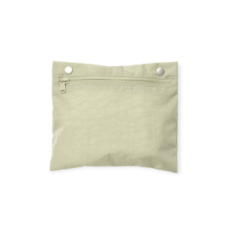 Light beige fabric pouch with zipper closure and two silver snap buttons on plain white background