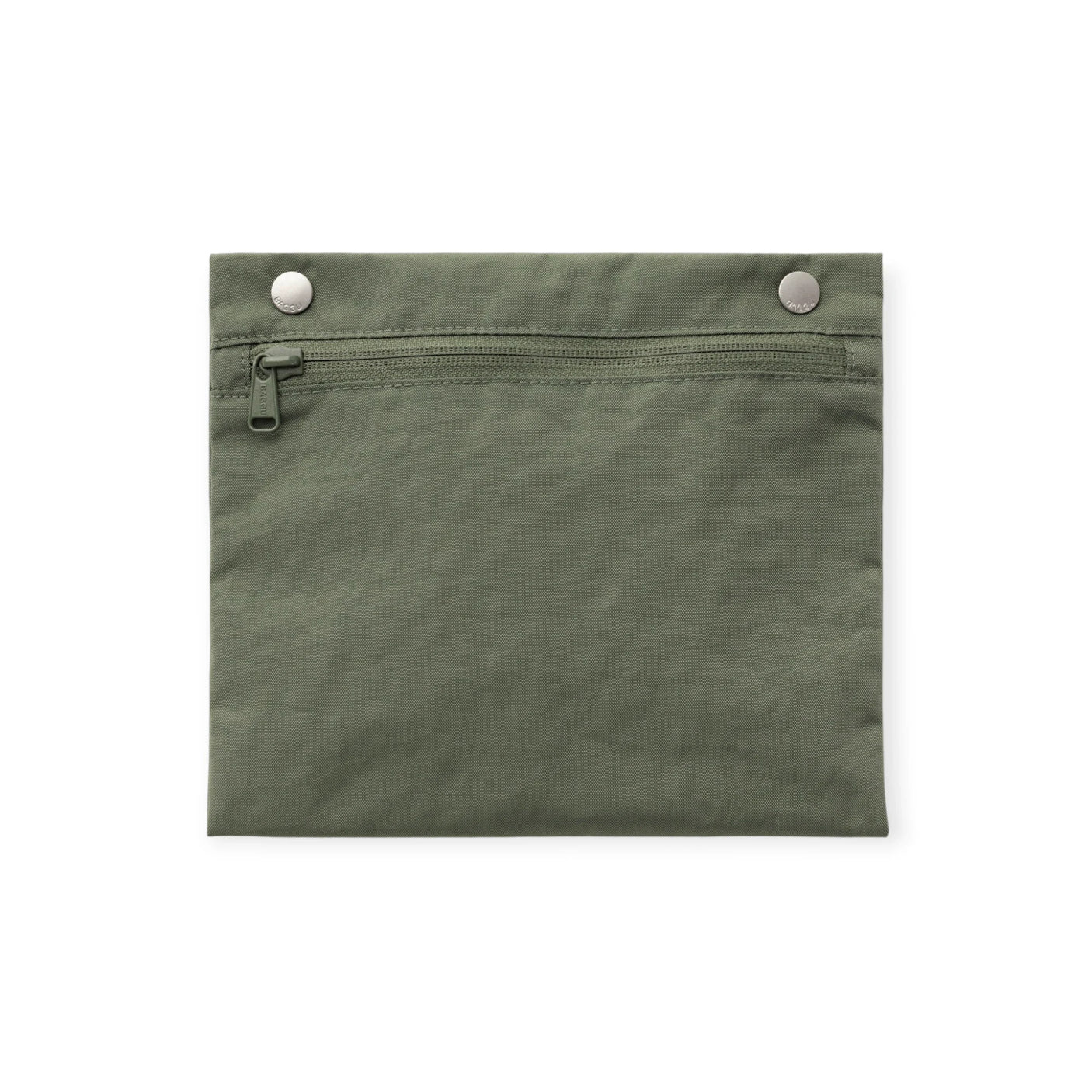 Olive green pouch-style bag with snap buttons and front zipper