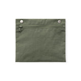 Olive green pouch-style bag with snap buttons and front zipper