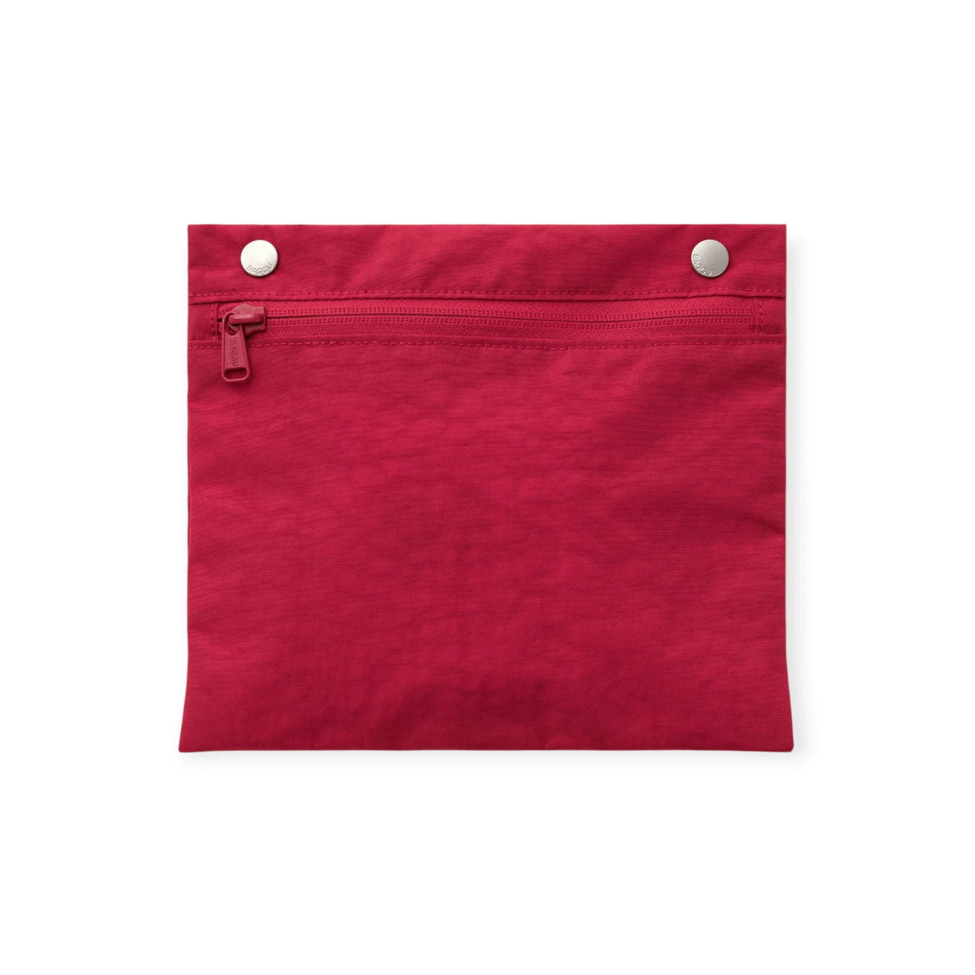 Cherry red zip-top pouch with two button snaps at the top edge