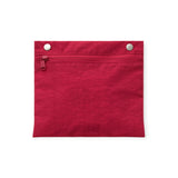 Cherry red zip-top pouch with two button snaps at the top edge