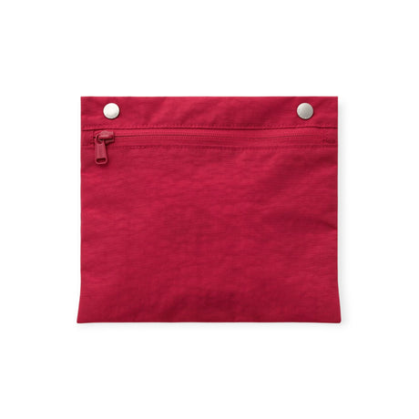 Cherry red zip-top pouch with two button snaps at the top edge