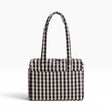 Black-and-cream gingham tote bag with structured rectangular shape and handles