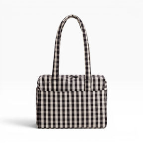 Black-and-cream gingham tote bag with structured rectangular shape and handles