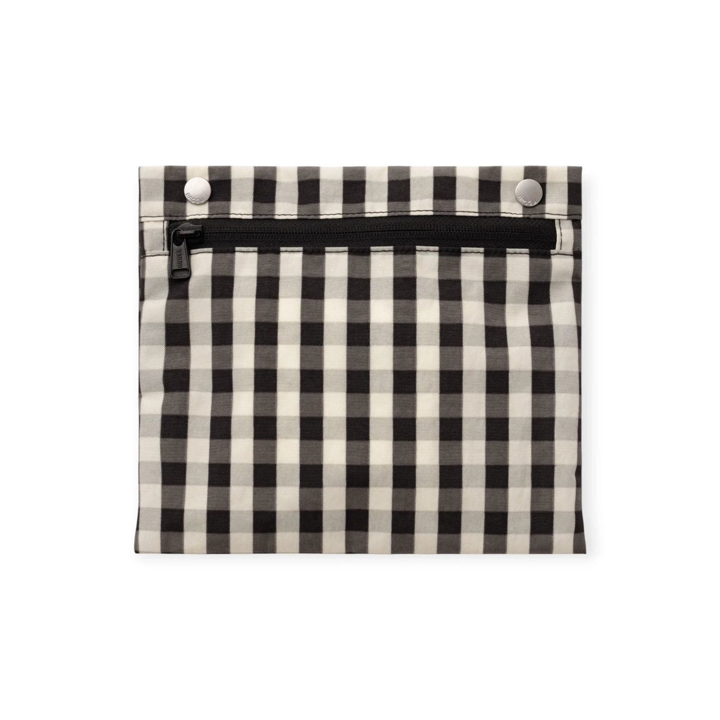 Gingham zip-front tote pocket with snap button tabs at the top corners