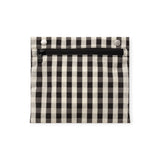 Gingham zip-front tote pocket with snap button tabs at the top corners
