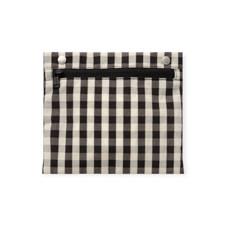 Gingham zip-front tote pocket with snap button tabs at the top corners
