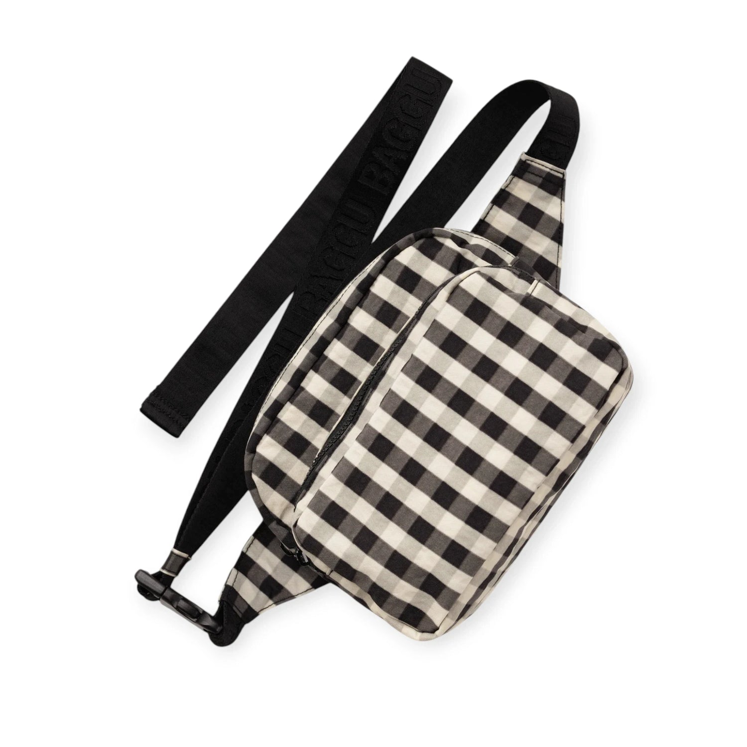 Baggu gingham fanny pack with black straps and zip front pocket